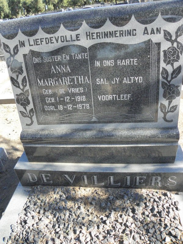 VILLIERS Anna Margaretha, De nee DE VRIES 1918-1978