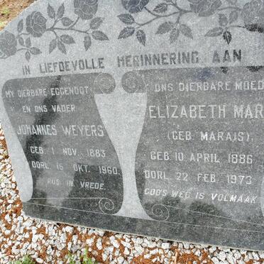 WEYERS Johannes 1883-1960 &amp; Elizabeth Maria MARAIS 1886-1973