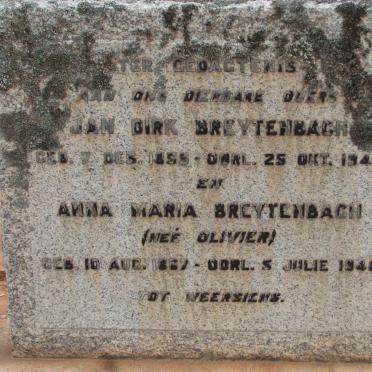 BREYTENBACH Jan Dirk 1855-1948 &amp; Anna Maria OLIVIER 1867-1948