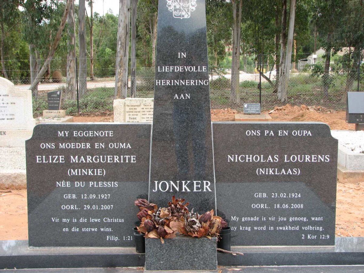 JONKER Nicholas Lourens 1924-2008 &amp; Elize Marguerite DU PLESSIS 1927-2007
