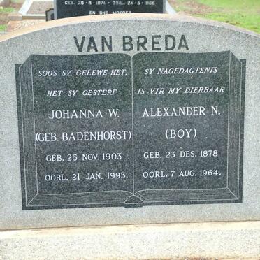BREDA Alexander N., van 1878-1964 &amp; Johanna W. BADENHORST 1903-1993
