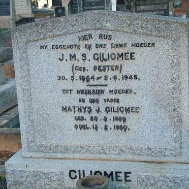 GILIOMEE Mathys J. 1880-1950 &amp; J.M.S. BESTER 1884-1945 :: SWANEPOEL Dina Elizabeth nee GILIOMEE 1915-2000  