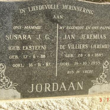 JORDAAN Jan Jeremias de Villiers 1885-1955 &amp;  Susara J.G. EKSTEEN 1888-1967
