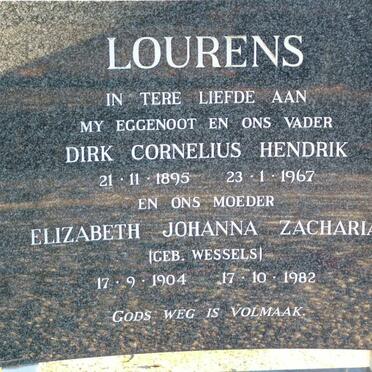 LOURENS Dirk Cornelius Hendrik 1895-1967 &amp; Elizabeth Johanna Zacharia  WESSELS 1904-1982