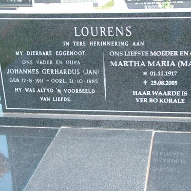 LOURENS Johannes Gerhardus 1911-1985 &amp; Martha Maria 1917-2005
