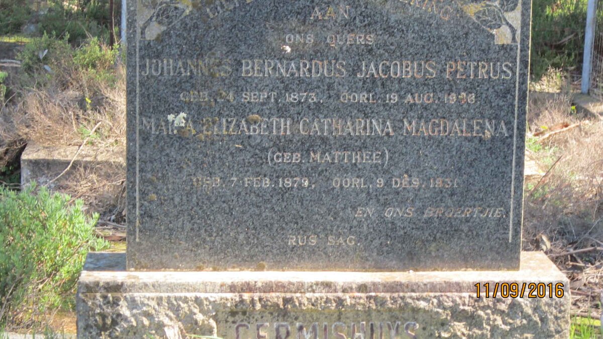 GERMISHUYS Johannes Bernardus Jacobus Petrus 1873-19?6 &amp; Maria Elizabeth Catharina Magdalena MATTHEE 1879-1931