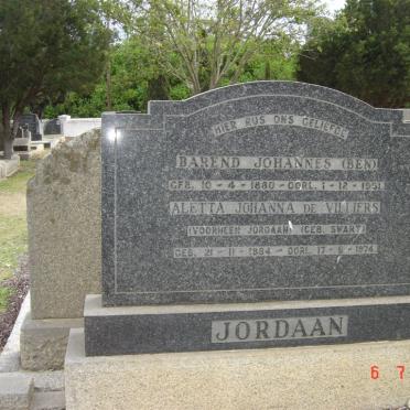 JORDAAN Barend Johannes 1830-1951 &amp; Aletta Johanna DE VILLIERS, voorheen JORDAAN nee SWART 1884-1974