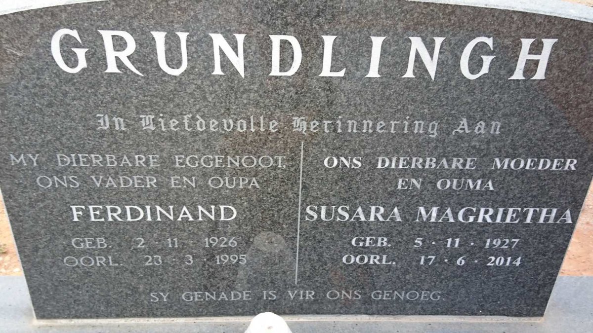 GRUNDLINGH Ferdinand 1926-1995 &amp; Susara Magrietha 1927-2014