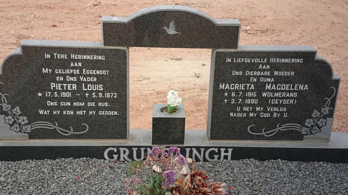 GRUNDLINGH Pieter Louis 1901-1973 &amp; Magrieta Magdelena GEYSER nee WOLMERANS 1915-1990