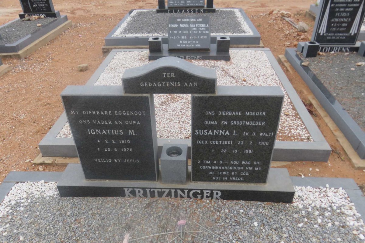KRITZINGER Ignatius M. 1910-1976 &amp; Susanna L. V.D. WALT nee COETSEE 1908-1991