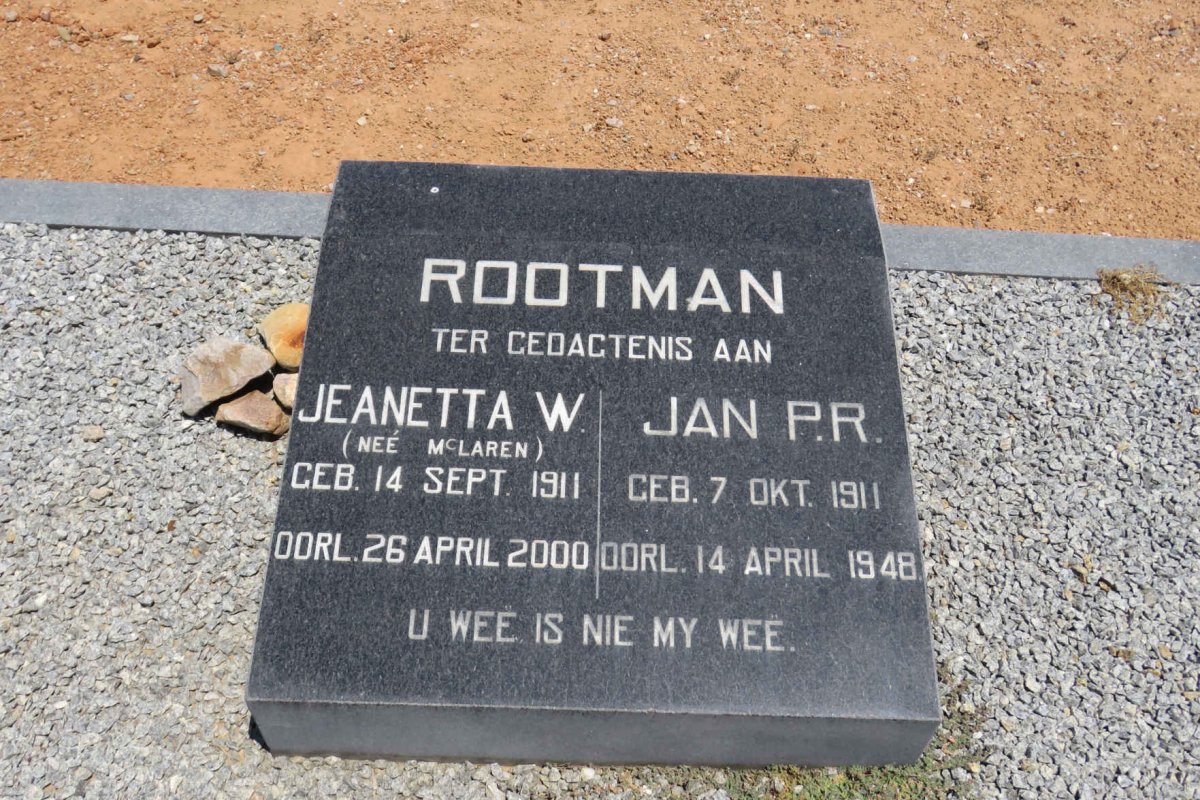 ROOTMAN Jan P.R. 1911-1948 &amp; Jeanetta W. McLAREN 1911-2000