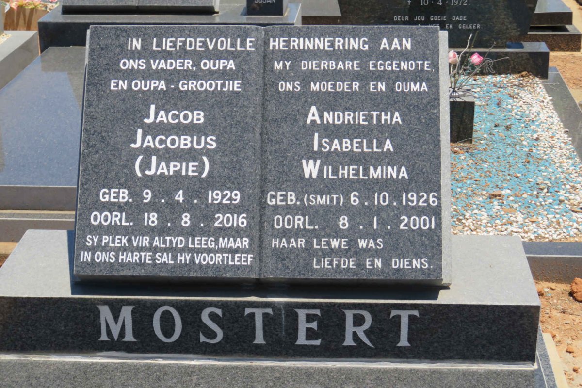 MOSTERT Jacob Jacobus 1929-2016 & Andrietha Isabella Wilhelmina SMIT 1926-2001