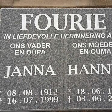 FOURIE Janna 1912-1999 &amp; Hannie 1914-2007