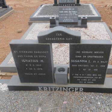 KRITZINGER Ignatius M. 1910-1976 &amp; Susanna L. V.D. WALT nee COETSEE 1908-1991