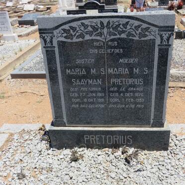 PRETORIUS Maria M.S. nee LE GRANGE 1876-1953 :: SAAYMAN Maria M.S. nee PRETORIUS 1915-1951