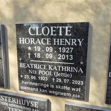 CLOETE Horace Henry 1927-2013 & Beatrice Kathrina POOL 1923-2023