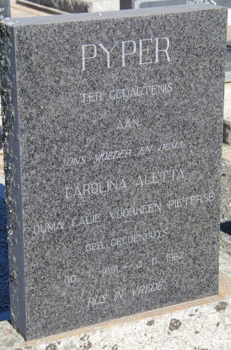PYPER Carolina Aletta voorheen PIETERSE nee GELDENHUYS 1891-1962