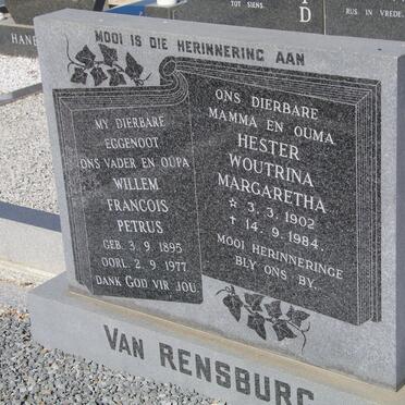 RENSBURG Willem Francois Petrus, van 1895-1977 &amp; Hester Woutrina Margaretha 1902-1984