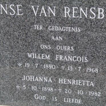 RENSBURG Willem Francois, Janse van 1890-1968 &amp; Johanna Henrietta 1898-1982