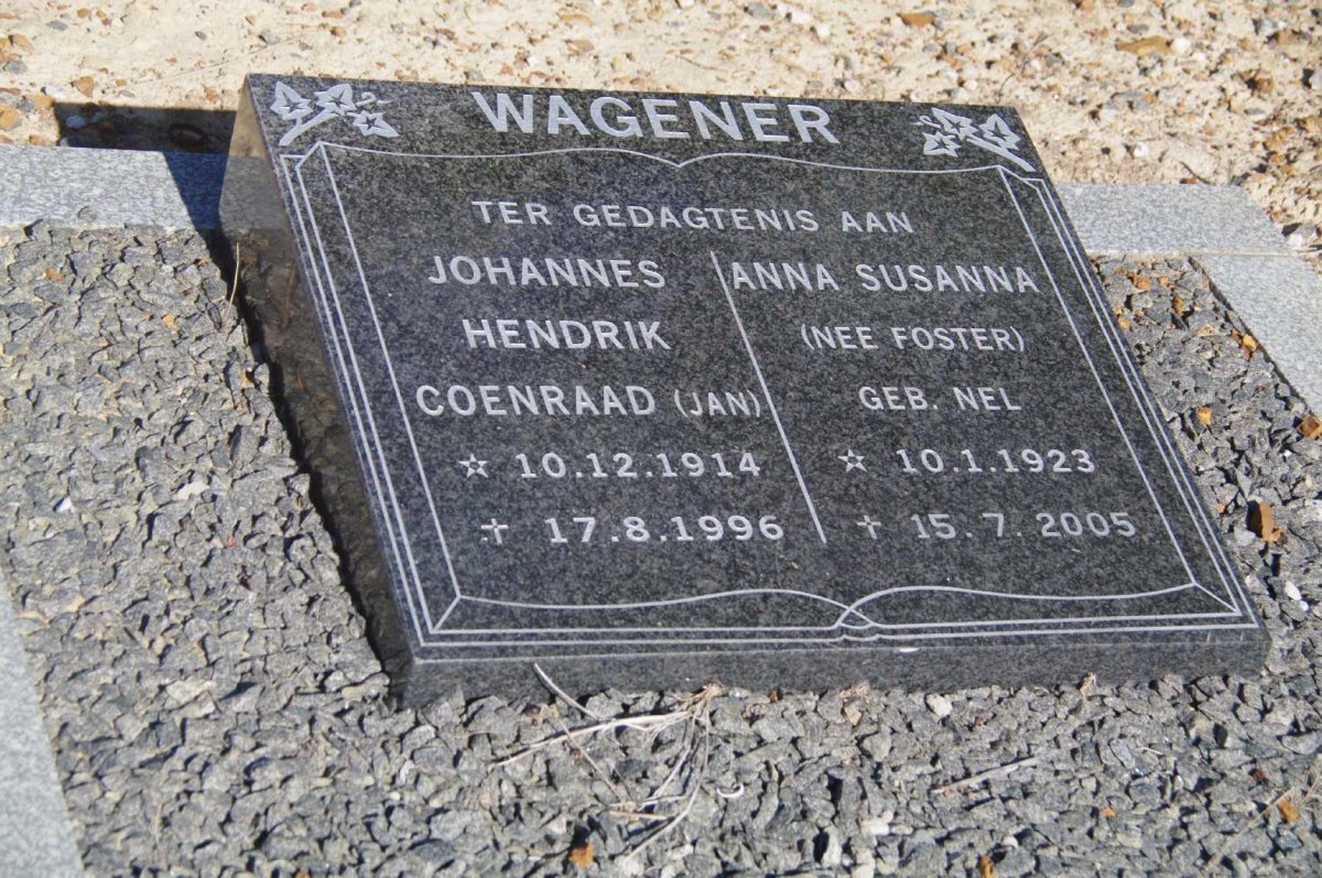 WAGENER Johannes Hendrik Coenraad 1914-1996 &amp; Anna Susanna nee FOSTER geb. NEL 1923-2005