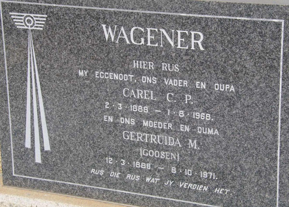 WAGENER Carel C.P. 1888-1968 &amp; Gertruida M. GOOSEN 1888-1971