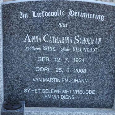 SCHOEMAN Anna Catharina, formerly BRINK, nee NIEUWOUDT 1924-2008