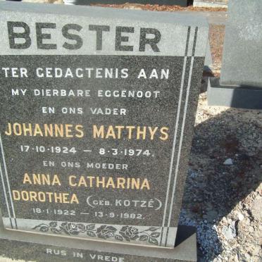 BESTER Johannes Matthys 1924-1974 &amp; Anna Catharina Dorothea KOTZÉ 1922-1982