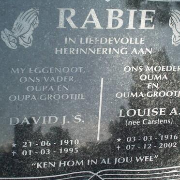 RABIE David J.S. 1910-1995 &amp; Louise A. CARSTENS 1916-2002