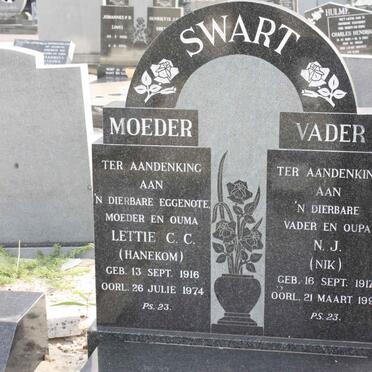 SWART N.J. 1917-1991 &amp; Lettie C.C. HANEKOM 1916-1974