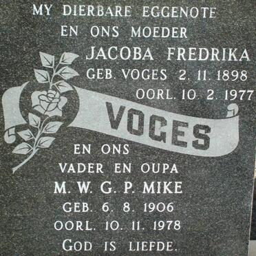 VOGES M.W.G.P. 1906-1978 &amp; Jacoba Frederika  VOGES 1898-1977