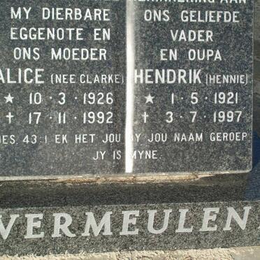 VERMEULEN Hendrik 1921-1997 &amp; Alice CLARKE 1926-1992