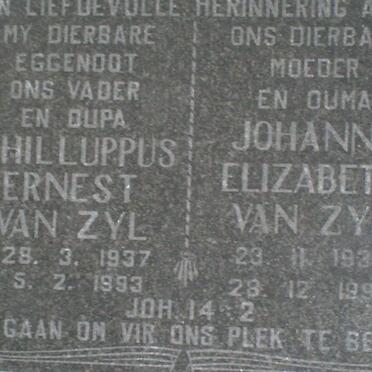 ZYL Philluppus Ernest, van 1937-1993 &amp; Johanna Elizabeth 1937-1998