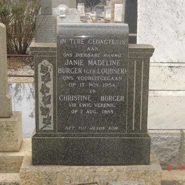 BURGER Janie Madeline nee LOUBSER -1954 :: BURGER Christine -1985