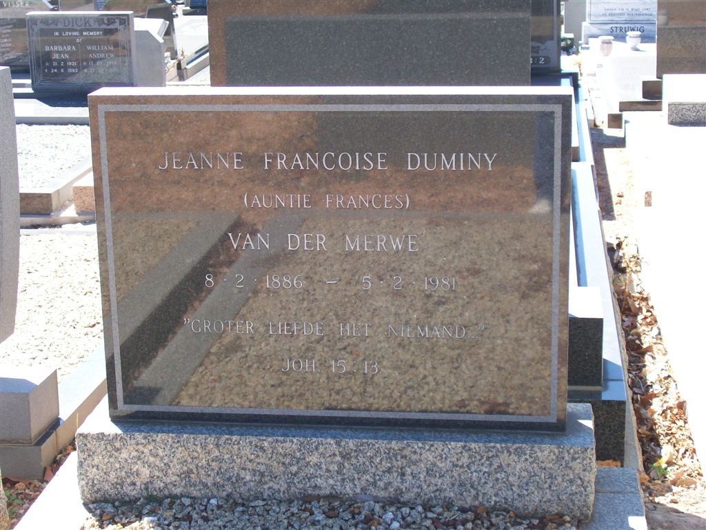 DUMINY Jeanne Francoise nee VAN DER MERWE 1886-1981