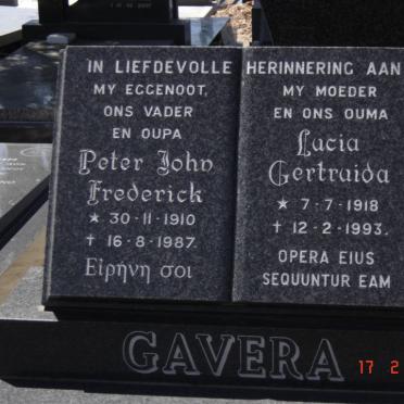 GAVERA Peter John Frederick 1910-1987 &amp; Lucia Gertruida 1918-1993