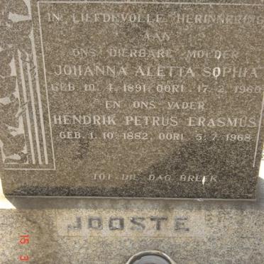 JOOSTE Hendrik Petrus Erasmus 1882-1968 &amp; Johanna Aletta Sophia 1891-1960