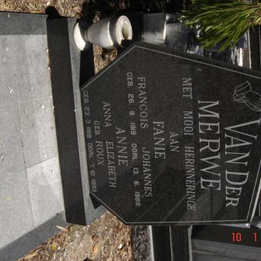 MERWE Francois Johannes, van der 1919-1989 &amp; Anna Elizabeth ROUX 1918-1993