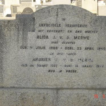 MERWE Andries ?, v.d. 1907-1974 &amp; Alida J. CLOETE 1906-1950