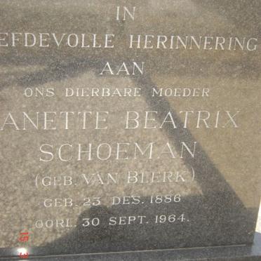 SCHOEMAN Anette Beatrix nee VAN BLERK 1886-1964