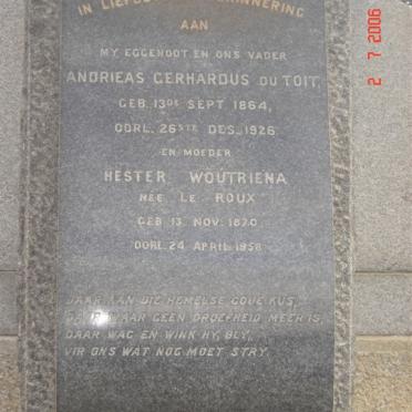 TOIT Andrieas Gerhardus, du 1864-1926 &amp; Hester Woutriena LE ROUX 1870-1958
