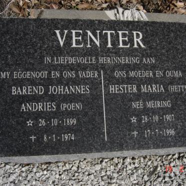 VENTER Barend Johannes Andries 1899-1974 &amp; Hester Maria MEIRING 1907-1996