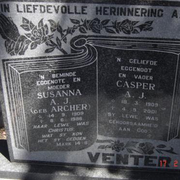 VENTER Casper A.J. 1909-2001 &amp; Susanna A.J. ARCHER 1909-1986
