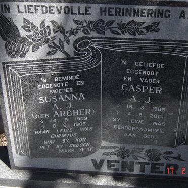 VENTER Casper A.J. 1909-2001 &amp; Susanna A.J. ARCHER 1909-1986