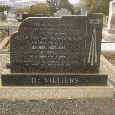 VILLIERS Hendrik Nicolaas, de 1890-1966 &amp; Bettie VAN DER WESTHUIZEN 1894-1959