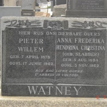 WATNEY Pieter Willem 1878-1962 &amp; Anna Frederika Hendrina Christina SLABBER 1894-1962