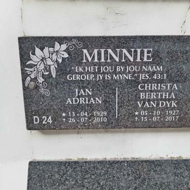 MINNIE Jan Adrian 1929-2010 &amp; Christa Bertha VAN DYK 1927-2017