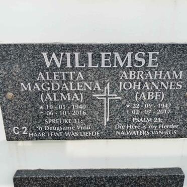 WILLEMSE Abraham Johannes 1947-2017 &amp; Aletta Magdalena 1940-2016