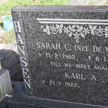 HANSEN Karl A. 1922-  &amp; Sarah C. DE WET 1902-1978