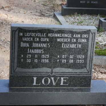 LOVE Dirk Johannes Jakobus 1929-1996 &amp; Elizabeth 1929-1993