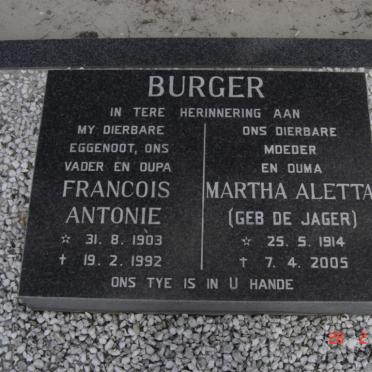 BURGER Francois Antonie 1903-1992 &amp; Martha Aletta DE JAGER 1914-2005